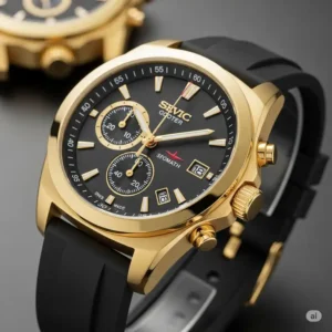 Modern gold chronograph watch for men, highlighting its functional subdials and sleek, sporty design.