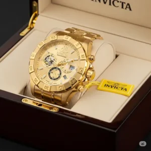 Luxurious Invicta gold watch for men presented in its elegant display box, perfect for gifting.