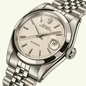 An illustration of a vintage ladies Rolex Oyster Perpetual, emphasizing its iconic waterproof case and automatic movement, a true testament to enduring craftsmanship.