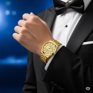 A sophisticated solid 18k gold watch men's, elegantly displayed on a gentleman's wrist, perfect for formal occasions.