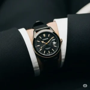 "A stylish men's black with gold watch bezel, worn on a wrist, perfectly complementing a sharp suit."