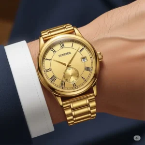Stylish illustration of a gold vintage watch men's elegantly worn on a wrist, emphasizing its timeless appeal.