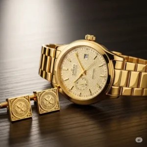 Detailed close-up of the intricate dial and hands of a men's gold wrist watch, emphasizing its precise engineering.
