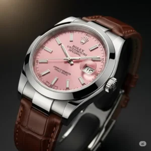 Stylish men's pink faced Rolex watch, perfect for a sophisticated look.