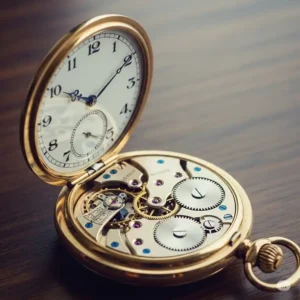An open-faced antique gold pocket watch revealing its intricate mechanical movement and classic white enamel dial.