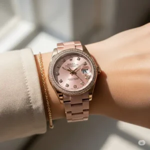 Stylish pink Rolex watch elegantly worn on a wrist, demonstrating its sophisticated appearance.