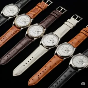 Visual guide showcasing different textures of Rolex leather watch bands, such as alligator, calfskin, and ostrich, emphasizing their unique finishes.