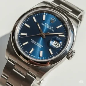 A vibrant image of the Rolex Oyster Perpetual, a minimalist rolex watch blue face, emphasizing its versatile appeal.
