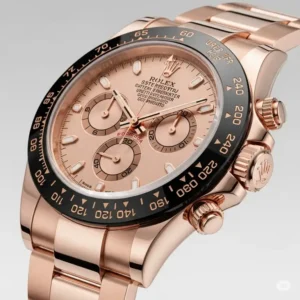 A side view of a stunning Rolex Daytona in Everose gold for men, featuring its chronograph functions and black ceramic bezel. This rose gold Rolex embodies speed and precision.