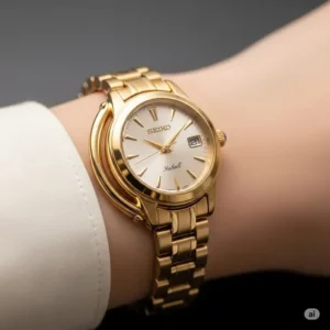 A Seiko golden watches for women model gracefully worn on a wrist, highlighting its comfortable fit and luxurious appeal.