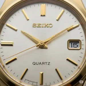 Detailed shot of the dial of a seiko quartz gold watch, emphasizing the precise time markers, hands, and the iconic Seiko logo.