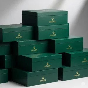 A stack of classic green Rolex boxes, showcasing the iconic packaging associated with the prestigious timepiece brand.