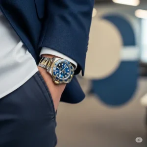 A sophisticated two tone rolex watch Submariner worn on a man's wrist, complementing a business casual outfit in a blurred office setting.