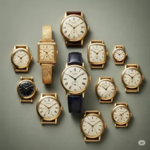 Collection of diverse vintage gold watches from various eras, highlighting historical design trends.