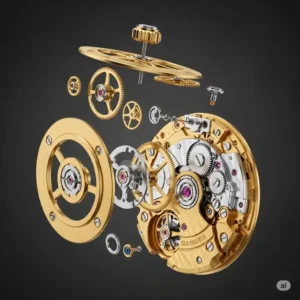 Exploded diagram of a watch movement, showcasing the delicate gold components like rotors, bridges, and screws, illustrating the role of gold in watch mechanics.
