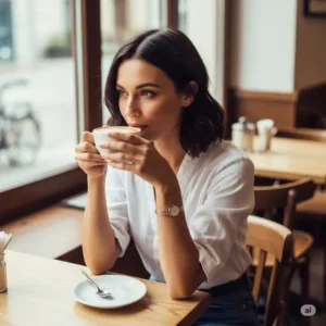 A woman enjoying coffee at a cafe, subtly displaying a chic slim gold watch on her wrist, adding a refined accent to her casual ensemble.