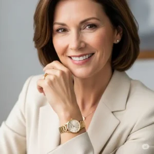 Stylish women's gold watch 14k gold complementing an outfit, emphasizing versatility.
