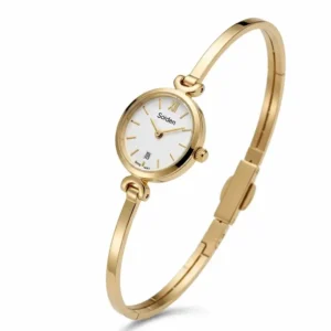 A crisp product shot of an elegant slim gold watch for women on a clean white background, emphasizing its sleek profile and luxurious finish.
