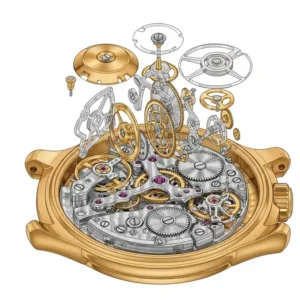 Diagrammatic illustration showing the internal automatic movement of a high-end solid gold wrist watch, highlighting its mechanical complexity.