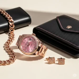 Pink Rolex watch paired with complementary luxury accessories, showcasing a complete high-end look.
