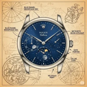 A visual representation of the Rolex Cellini Dual Time watch, displaying its second time zone feature with a sub-dial, ideal for international travelers who love cellini rolex watches.