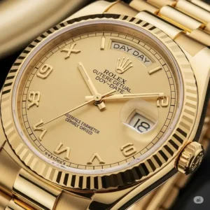 Luxurious Rolex Day-Date with a champagne dial showcasing Arabic script day and date indications alongside traditional Arabic numerals on the hour markers.
