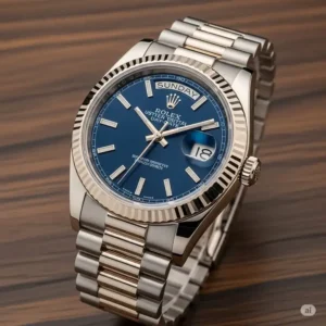 Luxurious Rolex Day-Date with a captivating blue Rolex watch face, showcasing its presidential bracelet and timeless elegance.