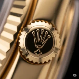Detailed shot of the solid gold Rolex watch, emphasizing its craftsmanship and iconic coronet logo.