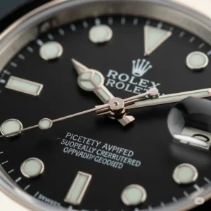 "rolex watch dial showcasing applied hour markers and luminous hands."