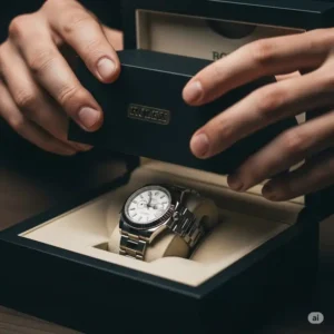 Hands carefully unboxing a new Rolex watch from its protective box, capturing the excitement of the initial reveal.