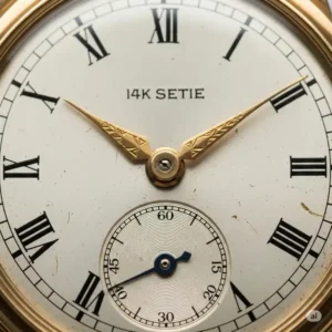 Close-up of a vintage gold watch 14k gold face, revealing its timeless craftsmanship.
