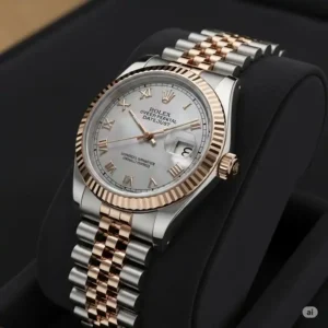 A detailed rendering of a vintage ladies Rolex Datejust watch, featuring its signature cyclops lens over the date display and fluted bezel, a symbol of heritage and precision.