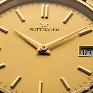 Detailed view of a wittnauer watch gold dial, revealing intricate craftsmanship and golden hour markers.