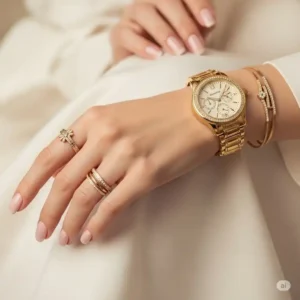 Elegant woman's hand showcasing a delicate golden watch alongside fine jewelry, emphasizing fashion.