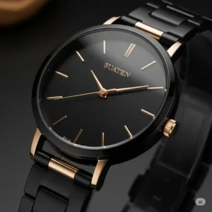 "An elegant women's black with gold watch featuring delicate gold hands and a subtle gold-plated strap, ideal for a sophisticated look."