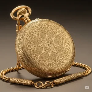 An antique gold watch 14k gold pocket watch with ornate engravings, representing historical elegance.