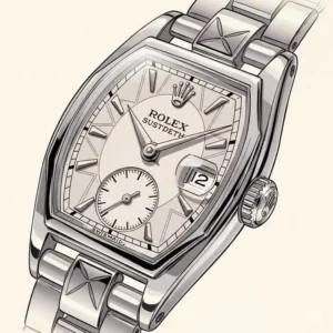 An illustration of a rare Art Deco vintage ladies Rolex watch, highlighting its unique geometric design elements and sophisticated aesthetic from the era.