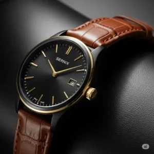 "A black with gold watch featuring a genuine leather strap, emphasizing the luxurious texture and classic design."