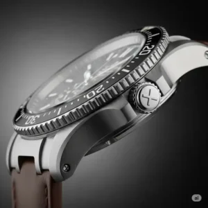 Side profile view of a sleek Coach men's gold watch, highlighting its refined case design and durable construction. You can shop coach gold bracelet watch men's for enduring style.