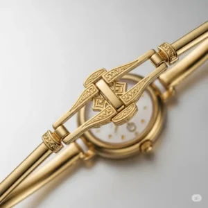 A detailed view of the delicate clasp and refined craftsmanship of a slim gold watch designed specifically for women.