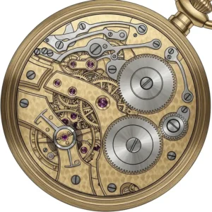 Detailed illustration of the intricate internal mechanism of a golden watch, revealing its craftsmanship.