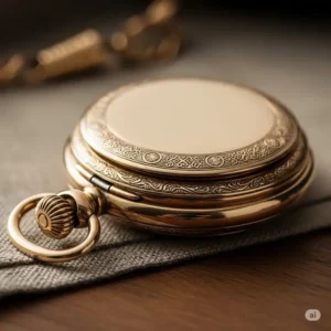 A closed hunting case antique gold pocket watch, emphasizing its protective cover and classic design.