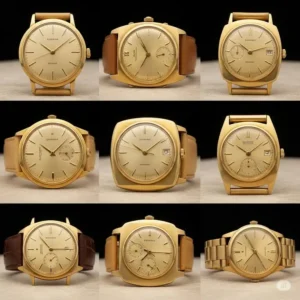 Collection of various gold vintage watch men's styles, displaying different case shapes and designs.