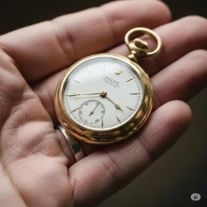 A hand gently holding a historic rolex pocket watch, emphasizing its portability and classic appeal as a collector's item.