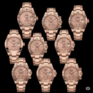 Different models of pink Rolex watches, illustrating the diverse range of designs available.