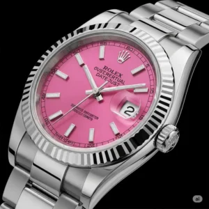 Luxurious Rolex Datejust with a vibrant pink faced Rolex watch, reflecting its timeless elegance.