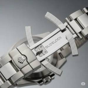 "Detail of the innovative Rolex Glidelock clasp on a rolex watch bracelet, allowing for precise and easy adjustments without tools."