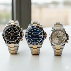A display featuring three distinct two tone rolex watch models side-by-side: a Daytona, a GMT-Master II, and a Datejust, showcasing their varied designs.