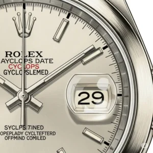 "rolex watch dial with the iconic date window and Cyclops lens."