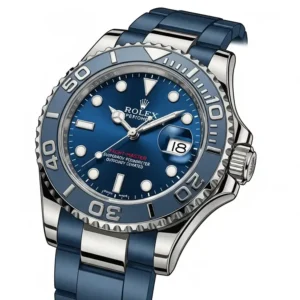 An illustration of the Rolex Yacht-Master, a nautical rolex watch blue face, capturing its platinum bezel and sophisticated Oysterflex bracelet.